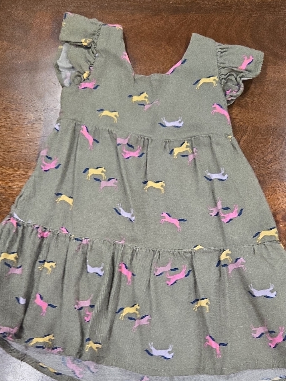 GAP Olive Tiered Dress with Pink, Yellow & Lavender Horse Print